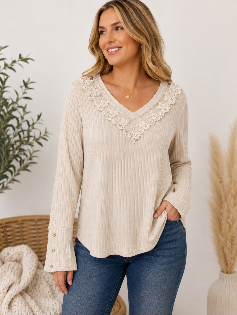 Sugarfox Lace V Neck Ribbed Long Sleeve Top Ivory NWOT M/L